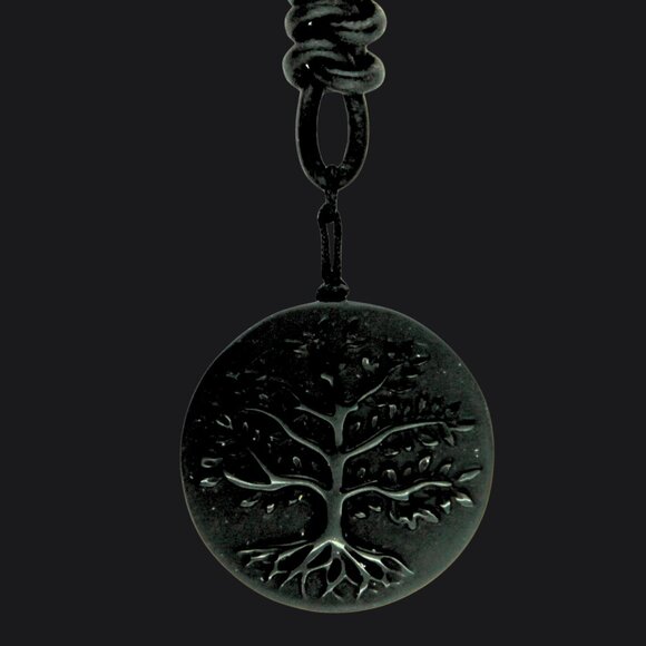 Obsidian Tree of Life Pendant on Hand Knotted Soft Black Leather Cord Necklace - Picture 3 of 8